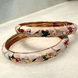 NWT UJOY Enameled Floral Cloisonne Cuff White Bangle Bracelet Set of 2